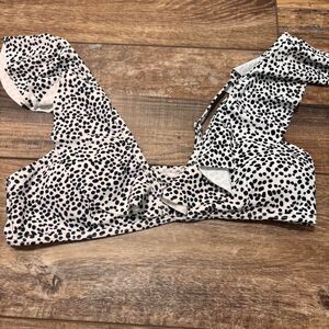 SHEIN Women's Vacation Black White Dalmatian Ruffle Beach Medium Bikinis Top